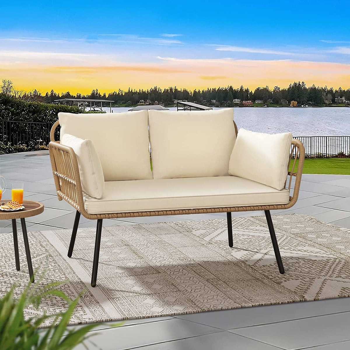 Wicker Loveseat Sofa with Beige Cushions D1080