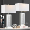 Table Lamp Set of 2 Touch Control Silver Mirror Crystal with USB C+A Ports 3-Way Dimmable White Fabric Shade T513