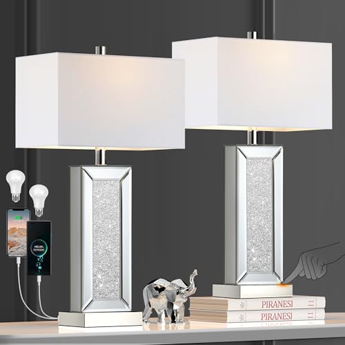 Table Lamp Set of 2 Touch Control Silver Mirror Crystal with USB C+A Ports 3-Way Dimmable White Fabric Shade T513