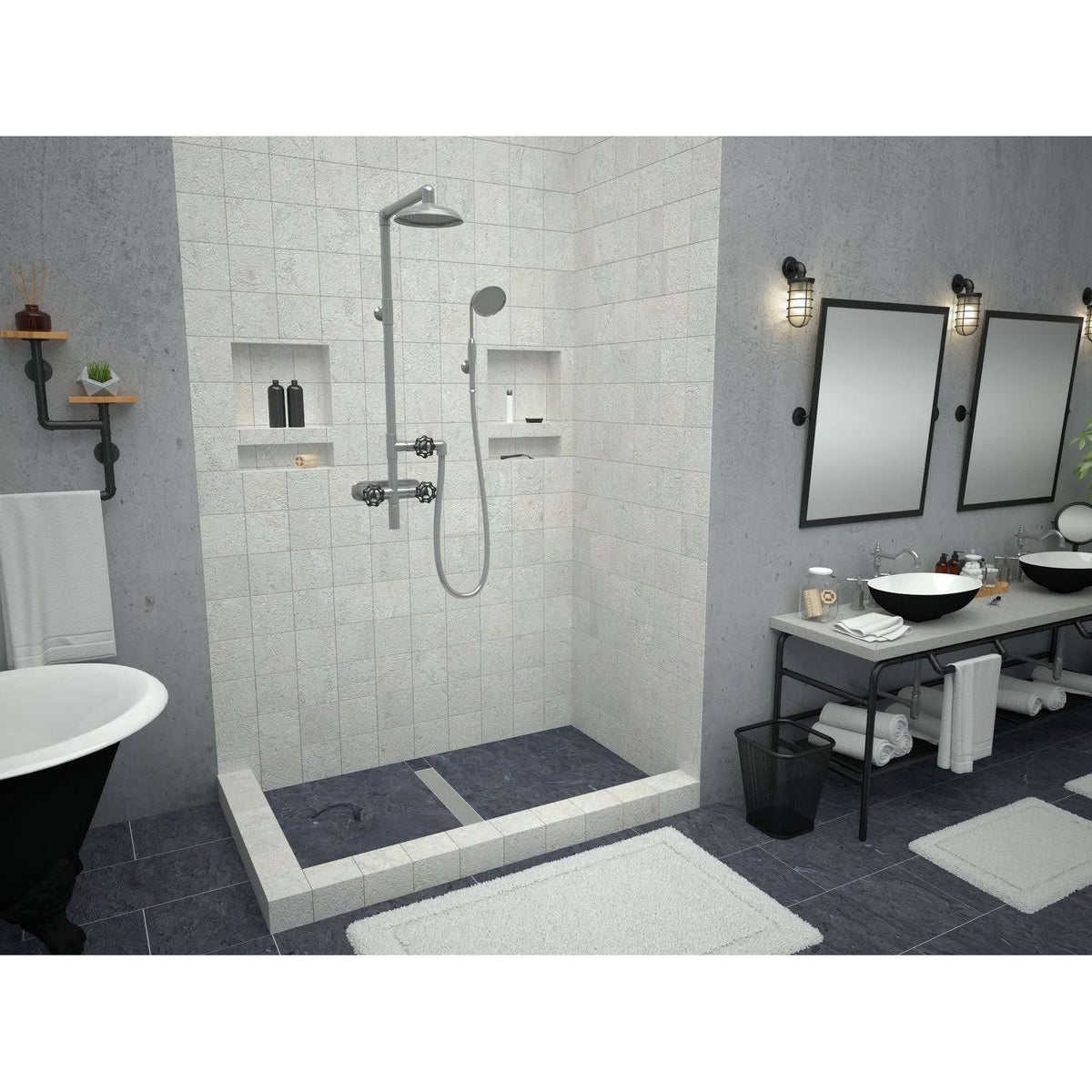Double Curb Shower Pan with Center Trench Drain L304
