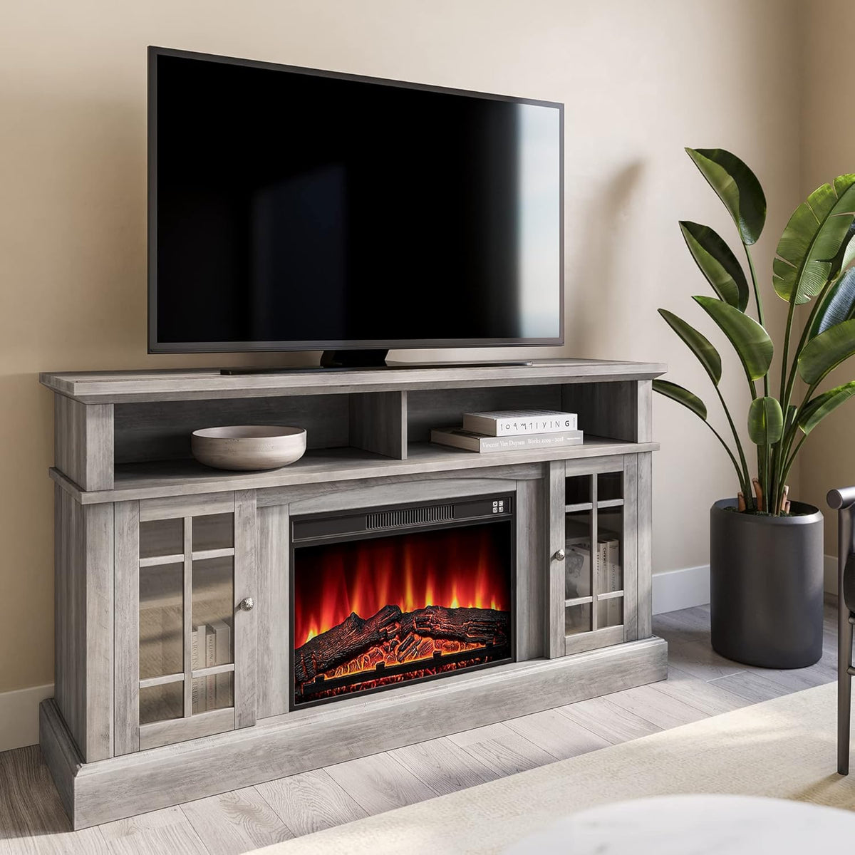 Rustic Electric Fireplace TV Stand with Open Storage Shelves & Cabinets H83050