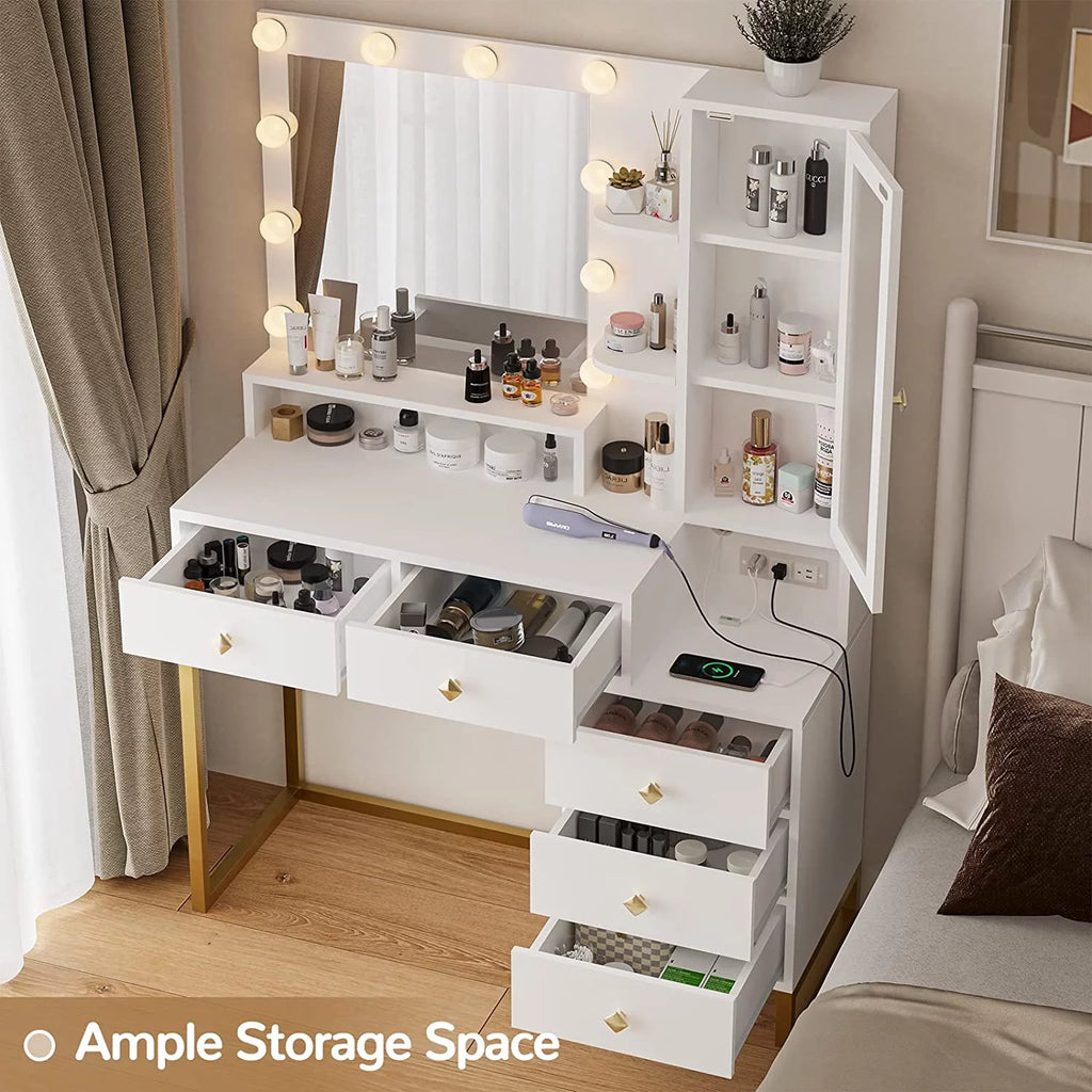 White Makeup Vanity with Lights and 5 Drawers V874