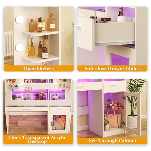 White Vanity Desk with Mirror and Lights W82081