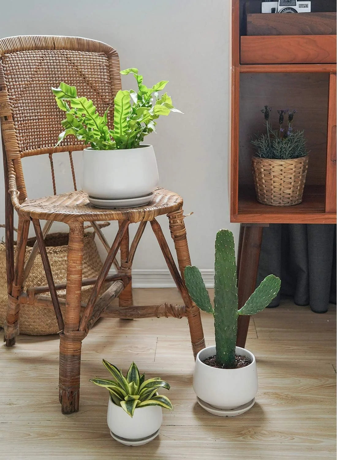 4.1+5.1+6.5 Inch Ceramic Plant Pots with Drainage Hole and Saucer, Set of 3, White F385