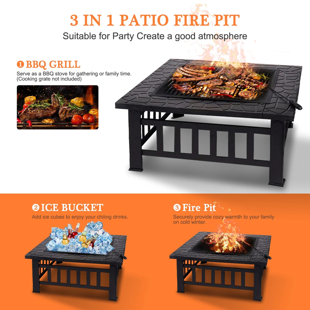 32 inch Square Metal Fire Pit Table with Cover I662879