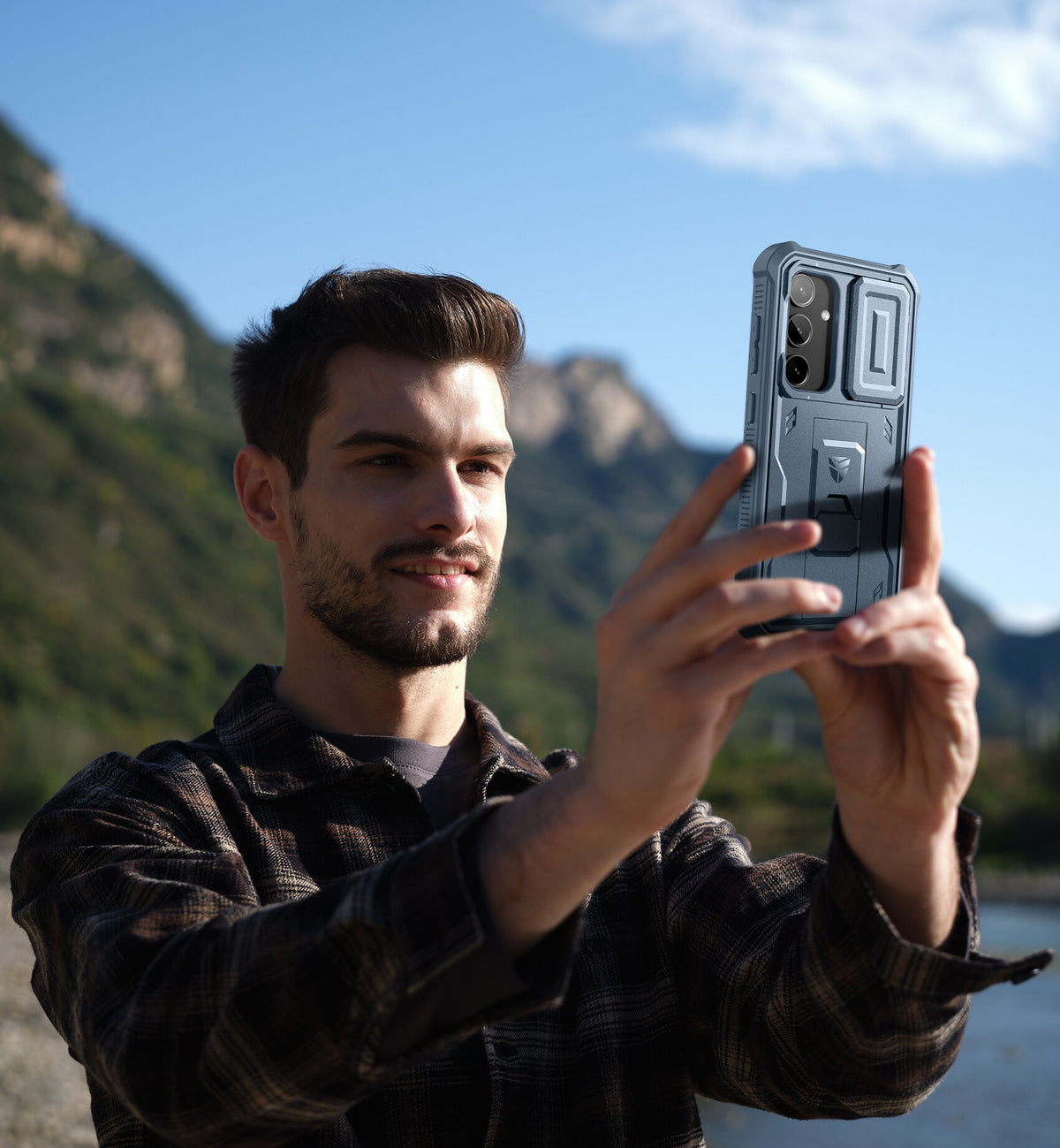 Blue Heavy-Duty Shockproof Rugged Case with Slide Camera Cover, Screen Protector & Kickstand A767537