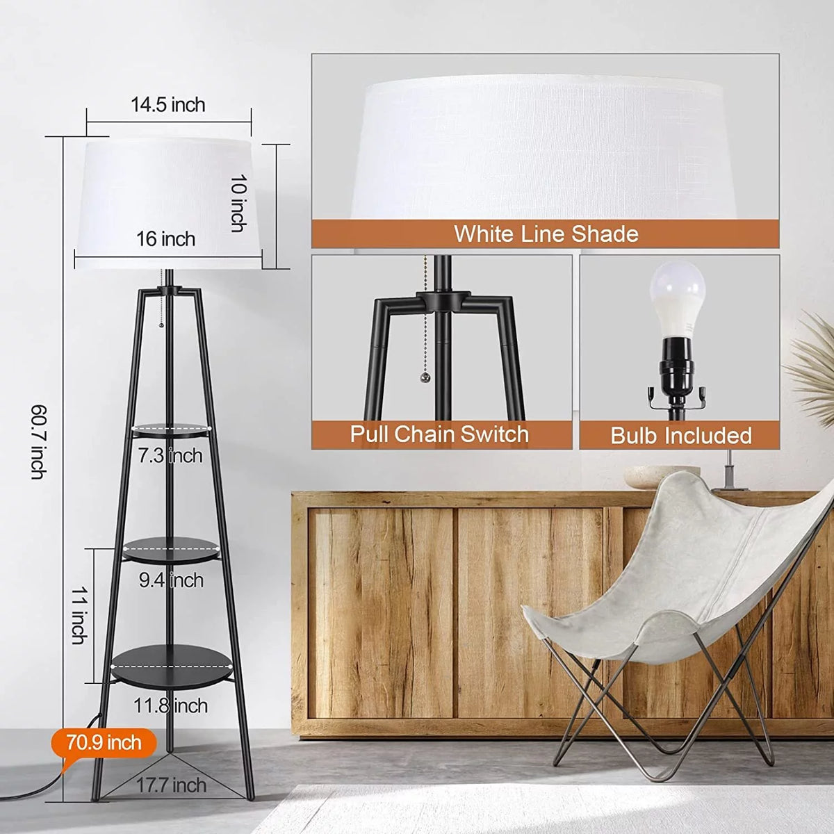 Black Tripod Floor Lamp with Shelves P21118