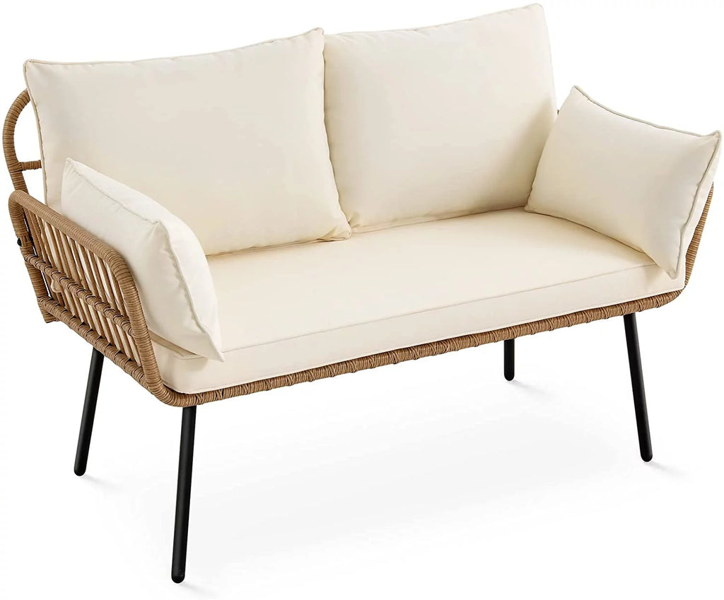 Wicker Loveseat Sofa with Beige Cushions D1080