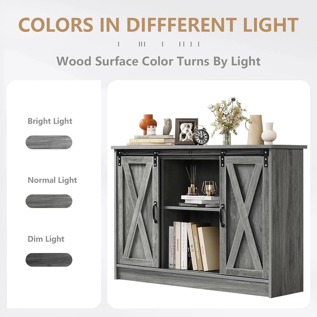 Wash Gray Coffee Bar Cabinet with Sliding Barn Doors F4304