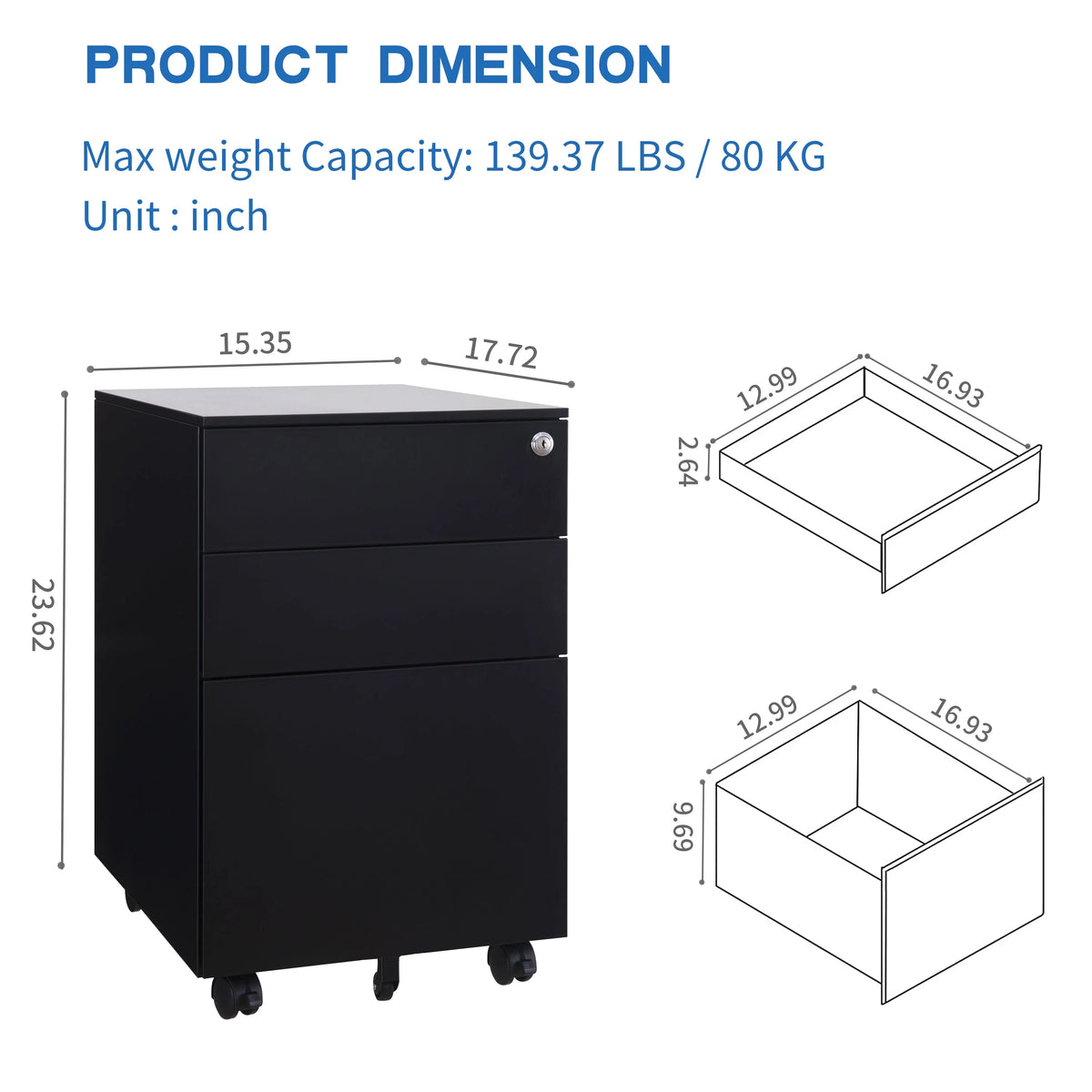 3 Drawer Black Mobile File Cabinet A583