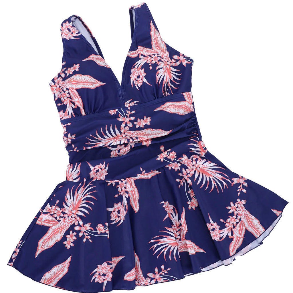 Plus-Size Flower Printing One Piece Swim Dress Tummy Control Swimsuit T33591
