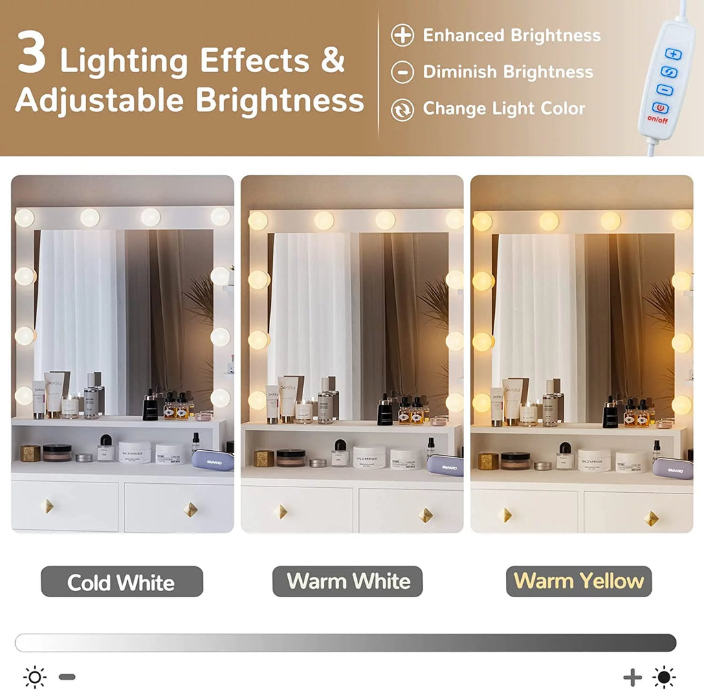 White Makeup Vanity with Lights and 5 Drawers V874