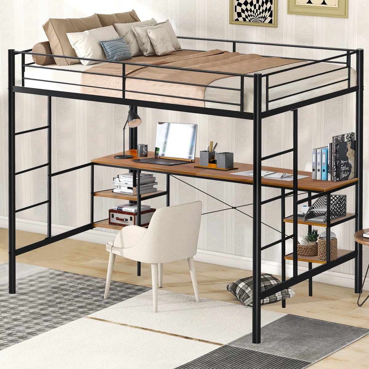 Black Twin Metal Loft Bed with Desk and 4 Shelves P586