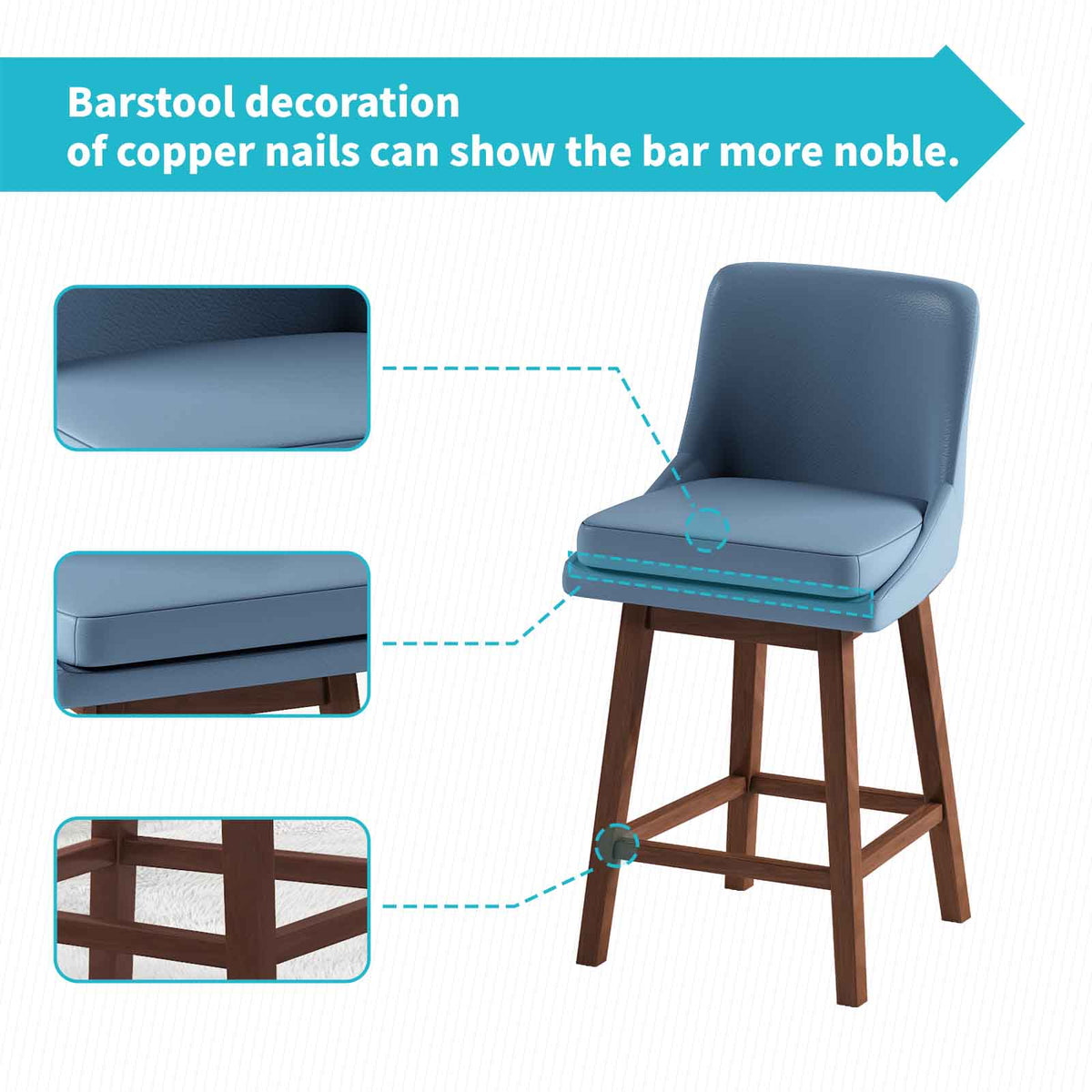 Blue 26" H Swivel Bar Stools Set of 2 with Back, Solid Wood Legs Q2079