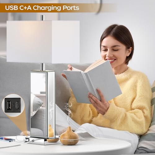 Table Lamp Set of 2 Touch Control Silver Mirror Crystal with USB C+A Ports 3-Way Dimmable White Fabric Shade T513