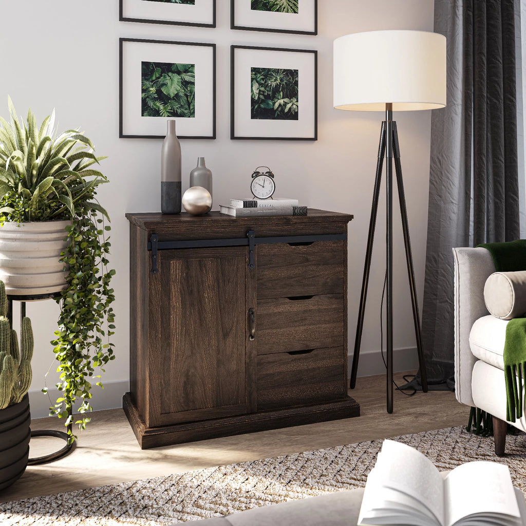 Modern Farmhouse Buffet Table with Sliding Barn Door, Three Drawers & Two Shelves G7898