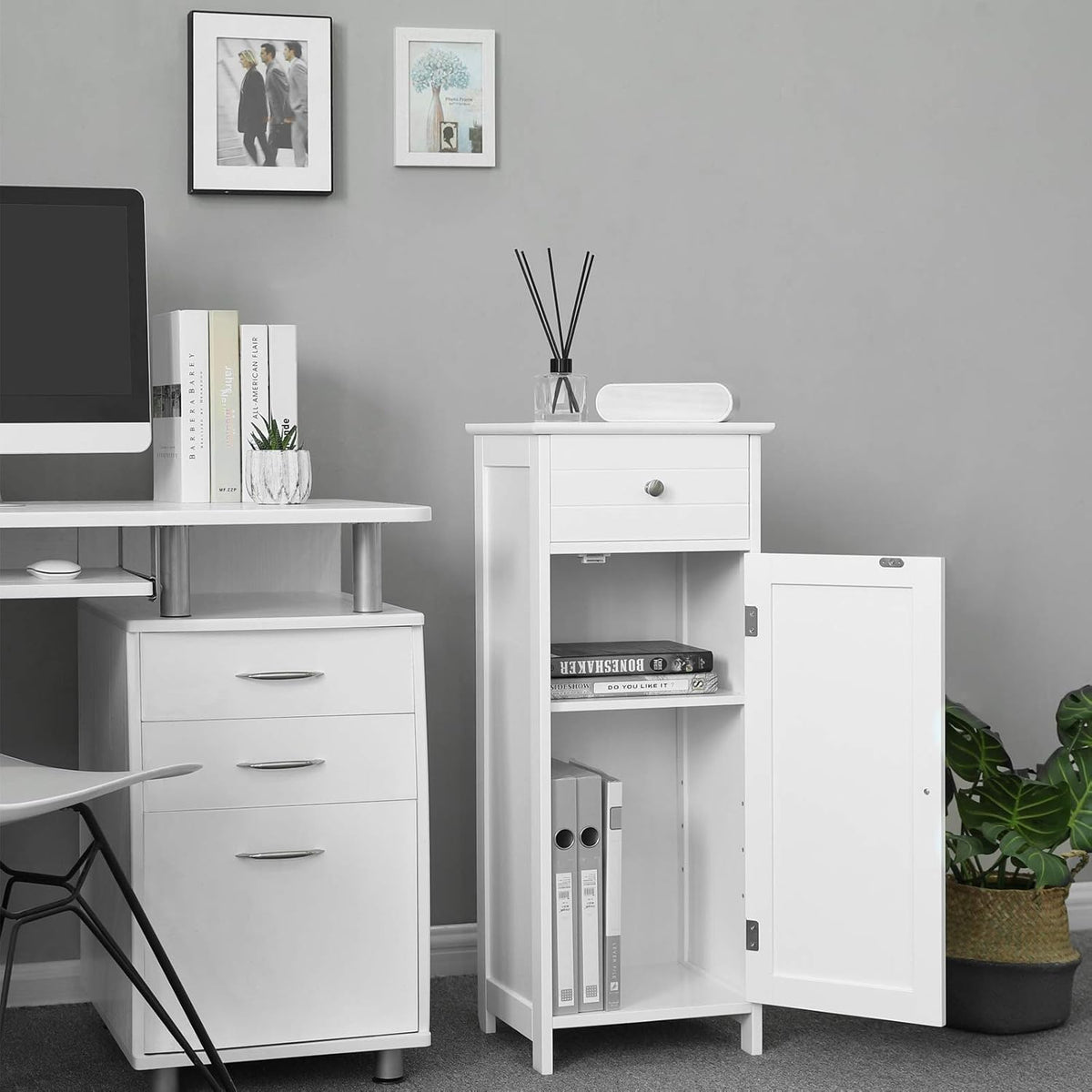 White Wooden Bathroom Floor Cabinet with Drawer and Adjustable Shelf T314