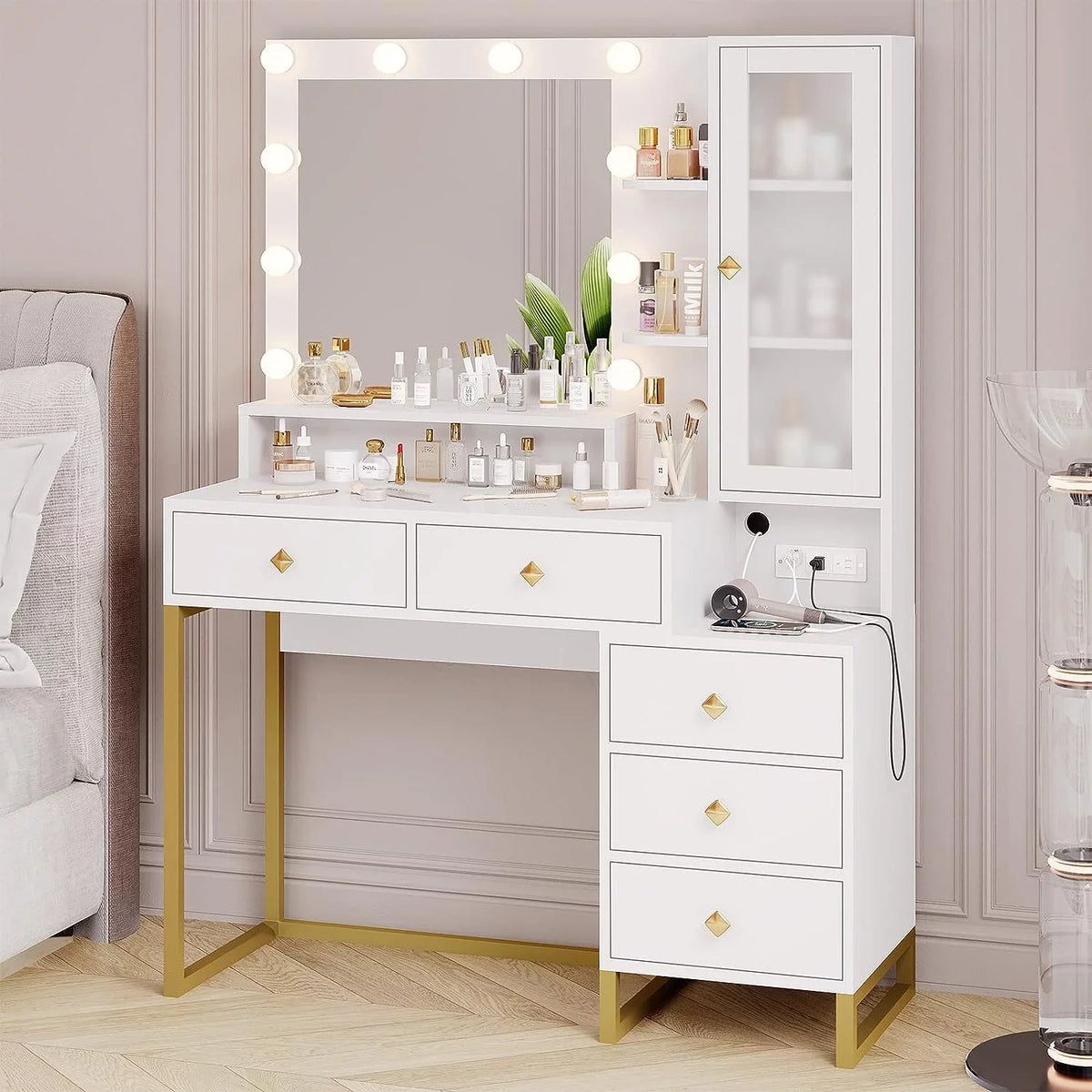 White Makeup Vanity with Lights and 5 Drawers V874
