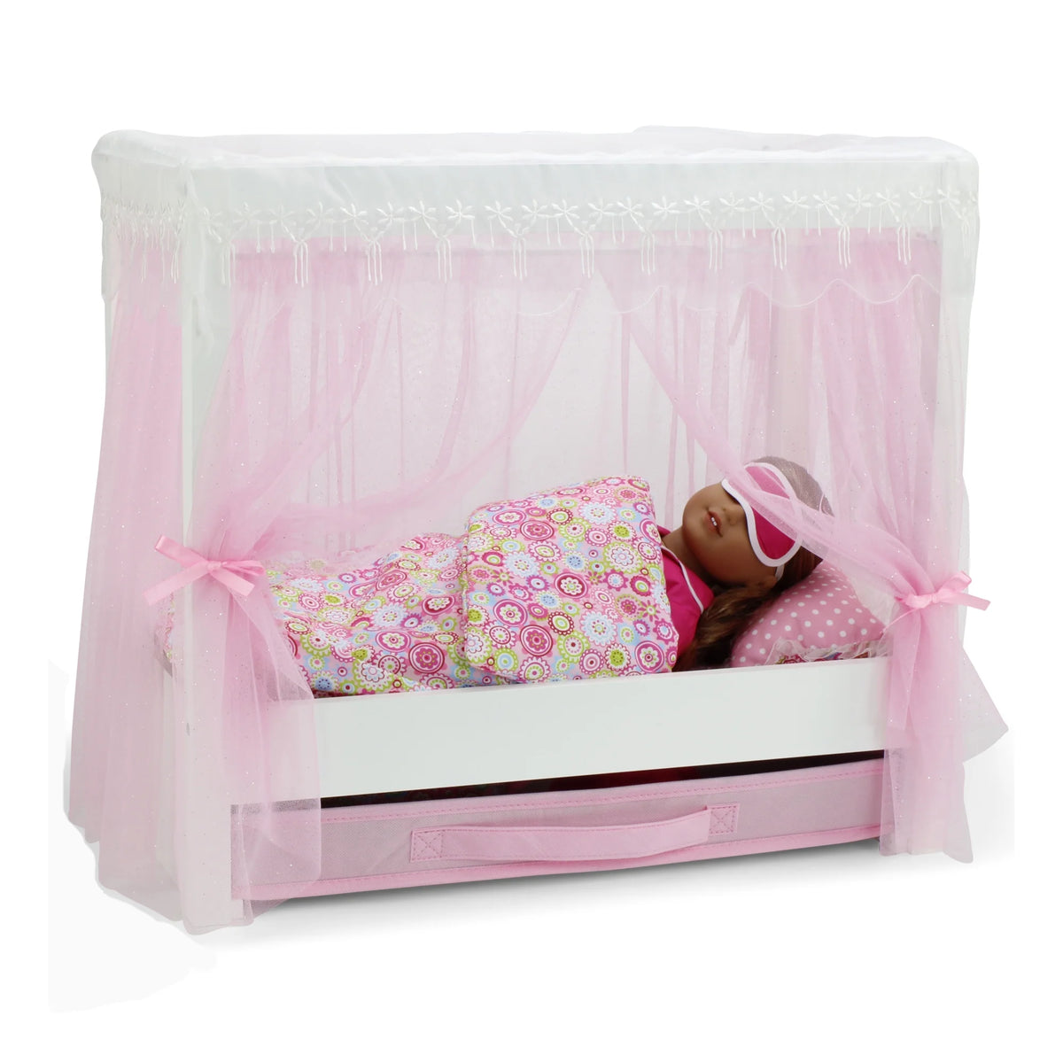 18 Inch Doll Canopy Single Bed with Doll Clothes Storage Drawer and 5 Piece Colorful Bedding Set A32829