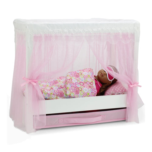 18 Inch Doll Canopy Single Bed with Doll Clothes Storage Drawer and 5 Piece Colorful Bedding Set A32829