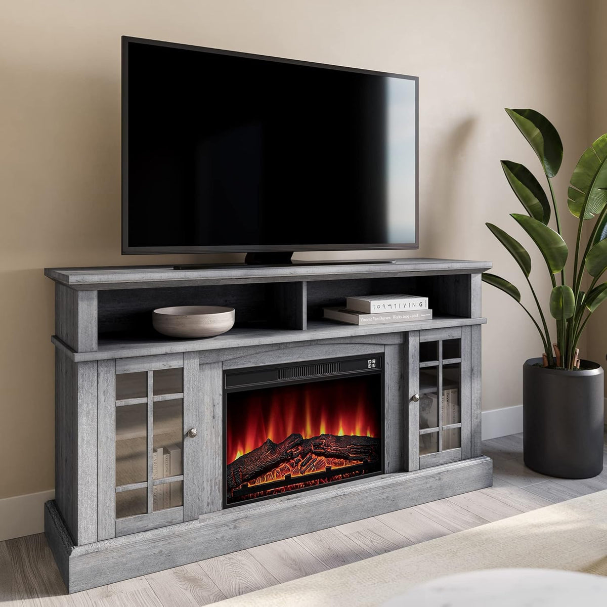 Rustic Electric Fireplace TV Stand with Open Storage Shelves & Cabinets H83050