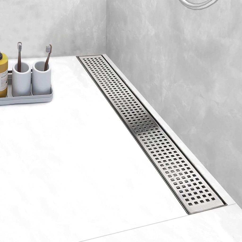 Brushed 304 Stainless Steel 12 inch Linear Shower Drain with Removable Grid Panel E741686