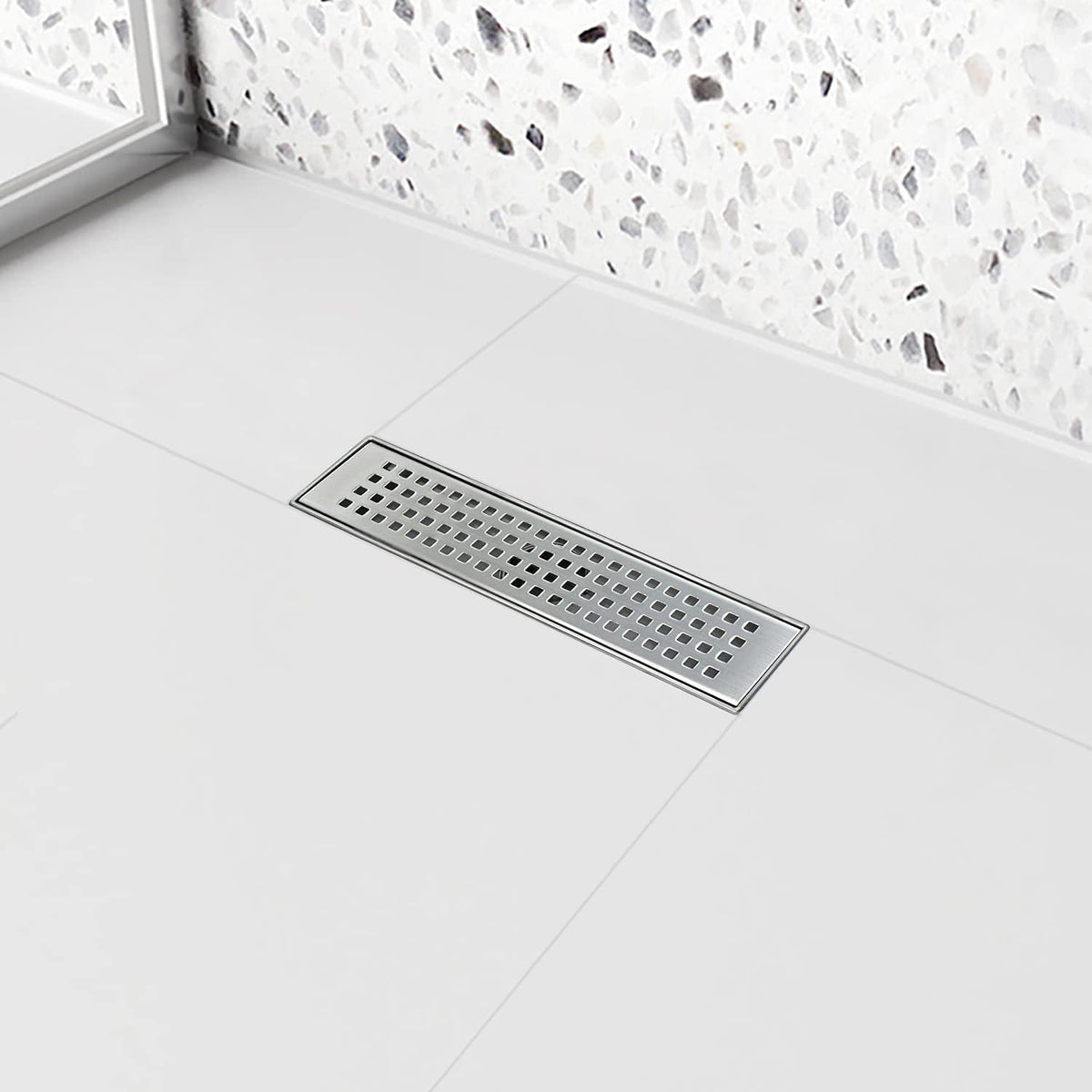 Brushed 304 Stainless Steel 12 inch Linear Shower Drain with Removable Grid Panel E741686