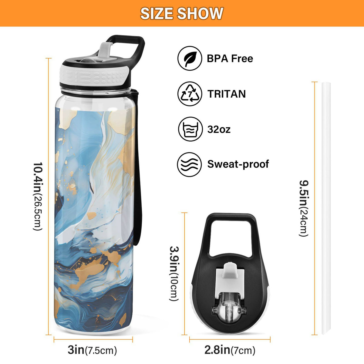 Marble Blue and Gold 32oz Tritan Leakproof Water Bottle with Straw Q70106