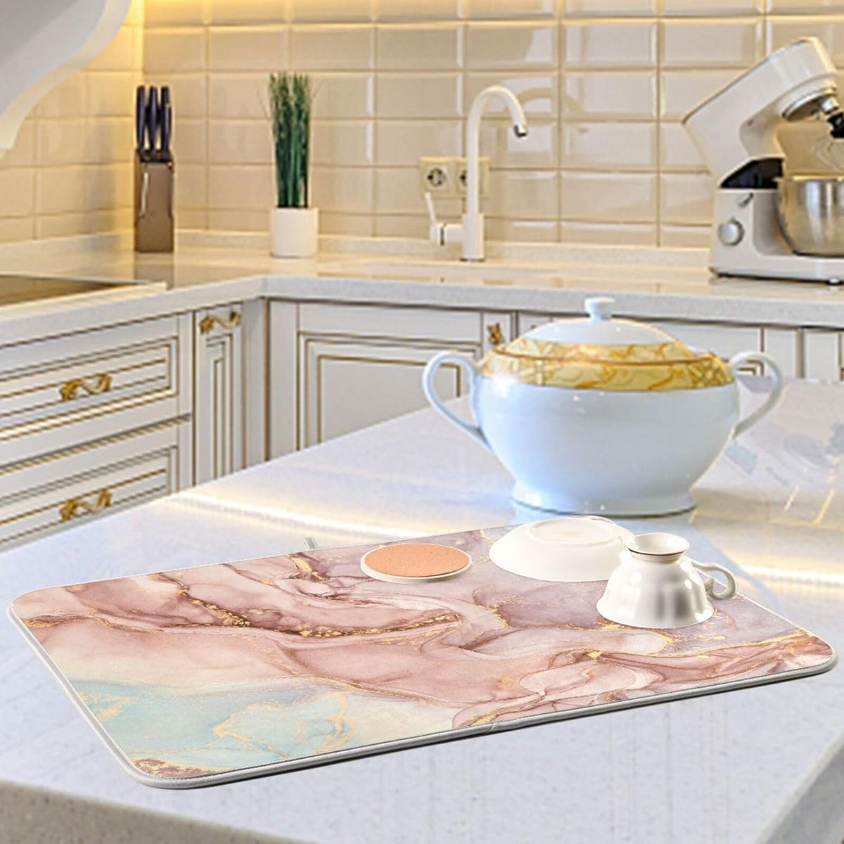 Gold Pink Marble Texture Dish Drying Mat 18x24Inch T592