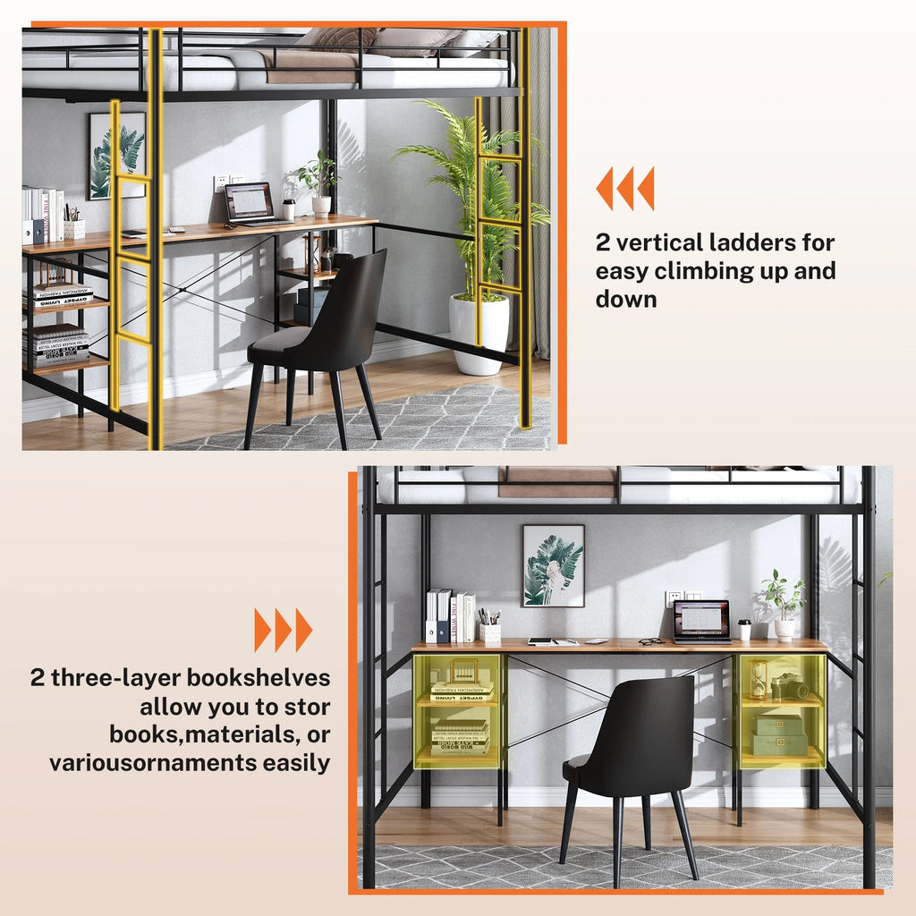 Black Twin Metal Loft Bed with Desk and 4 Shelves P586