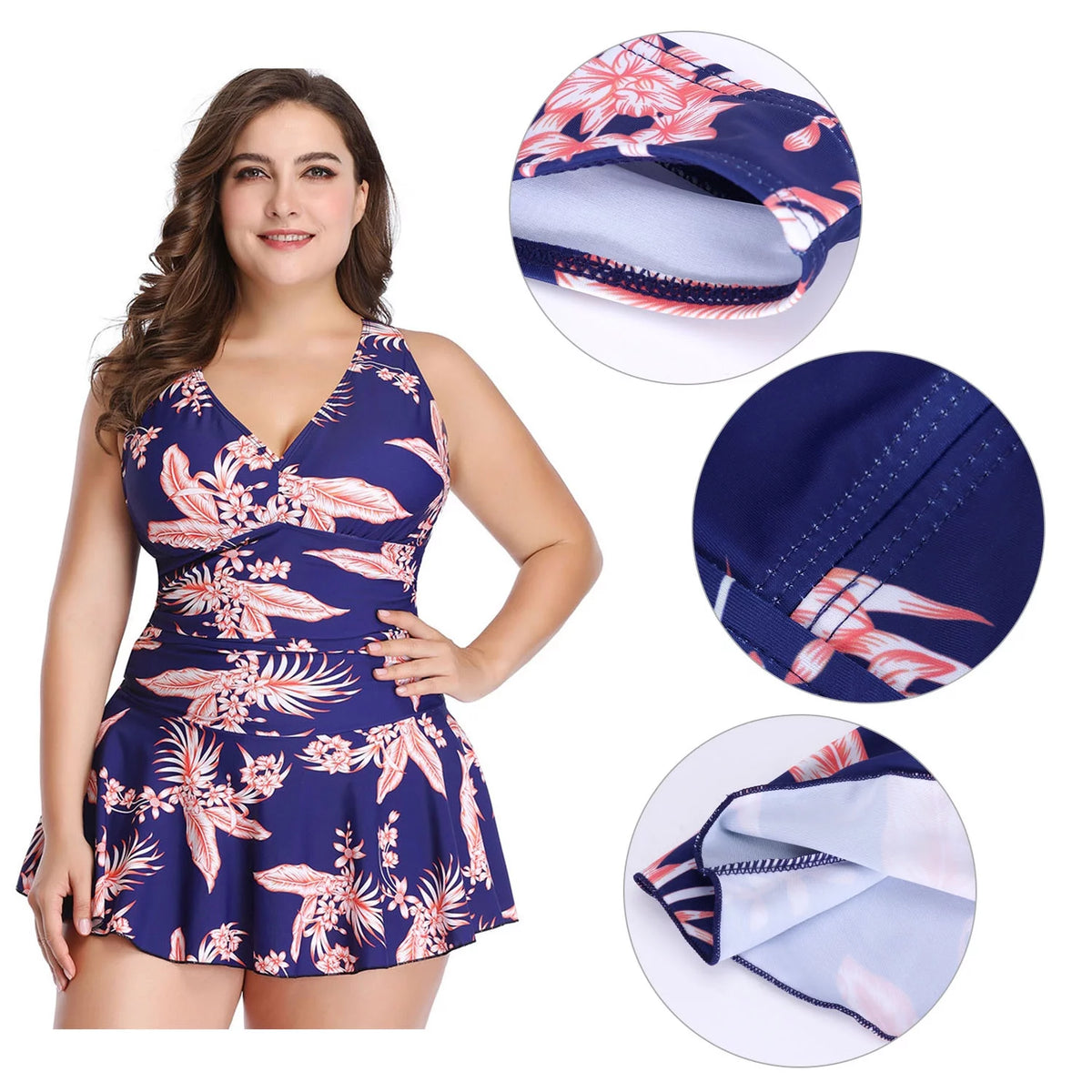 Plus-Size Flower Printing One Piece Swim Dress Tummy Control Swimsuit T33591