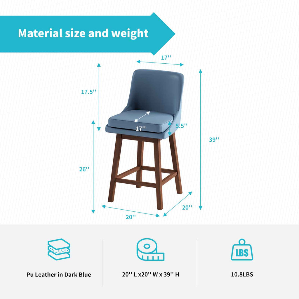 Blue 26" H Swivel Bar Stools Set of 2 with Back, Solid Wood Legs Q2079
