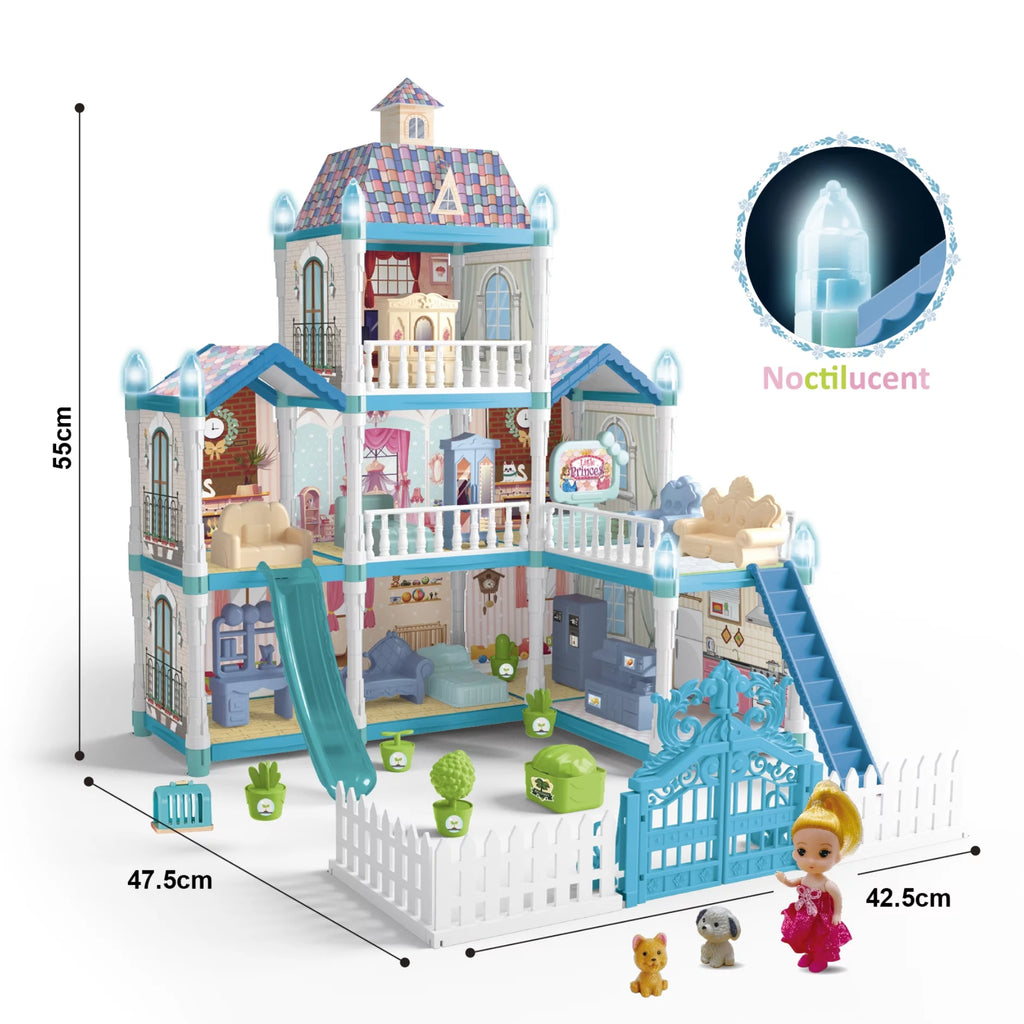 8 Room Dollhouse Play Set with Slide Doll and Furniture Accessories, 191 Pcs O175263