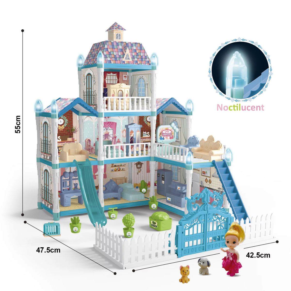 8 Room Dollhouse Play Set with Slide Doll and Furniture Accessories, 191 Pcs O175263