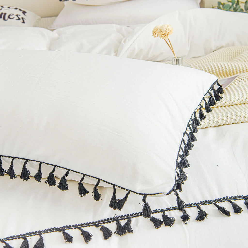 White Black Tassel King Duvet Cover Set Y3165