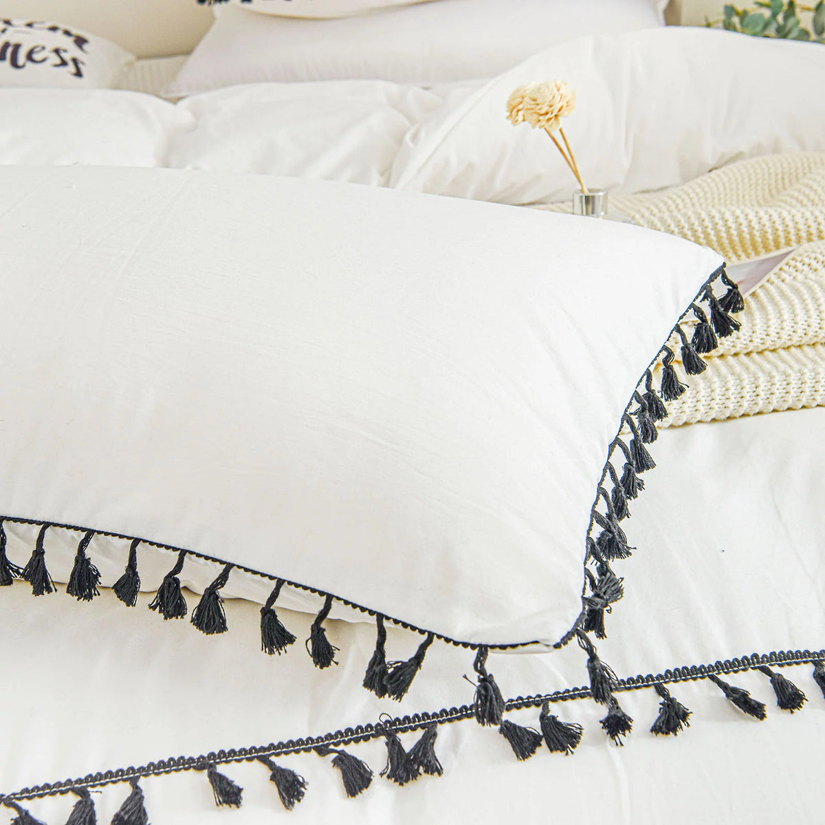 White Black Tassel King Duvet Cover Set Y3165
